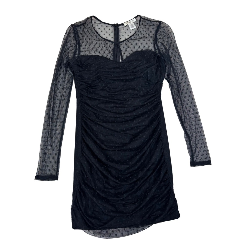 ARDEN B Black Polka Dot Sheer Mesh Ruched Bodycon Mini Dress Whimsigoth Women L